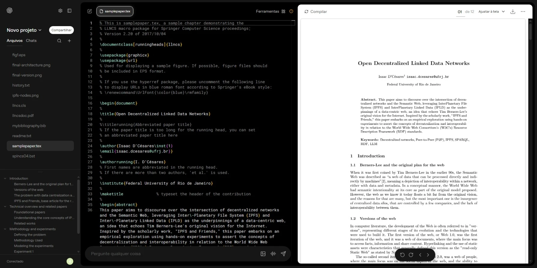 Captura de tela de um editor LaTeX em modo dividido, com o código-fonte de um artigo científico à esquerda e a pré-visualização do PDF à direita, mostrando o título “Open Decentralized Linked Data Networks”, autor e seções iniciais do artigo.